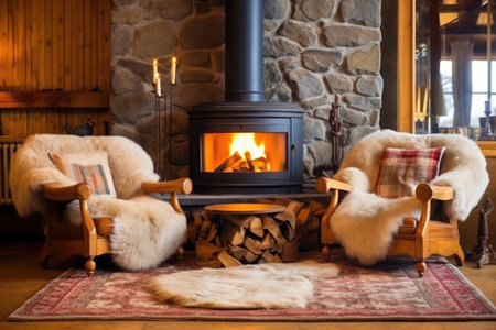 romantic bear skin rug in front of fireplace