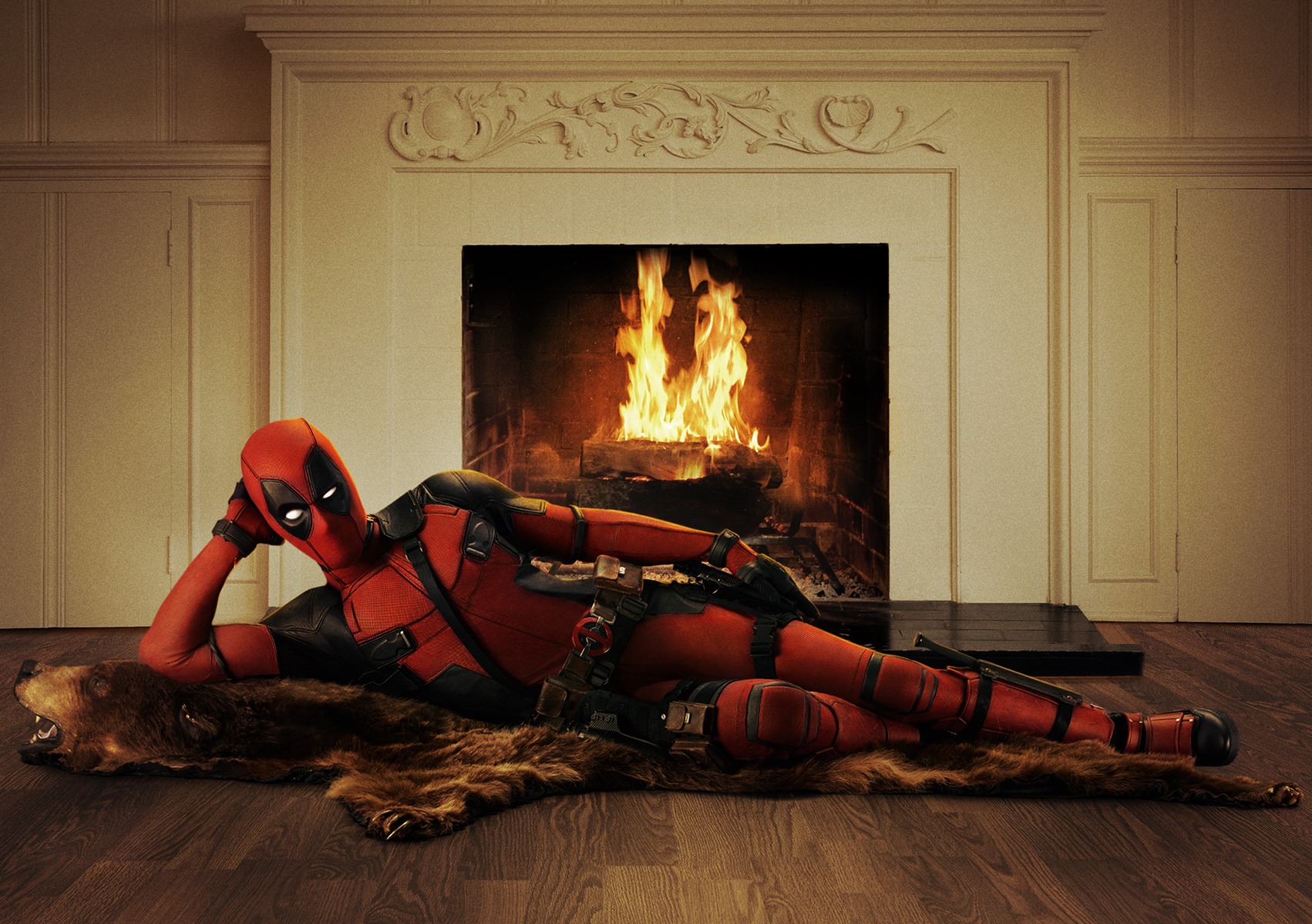 bam cruz add romantic bear skin rug in front of fireplace photo